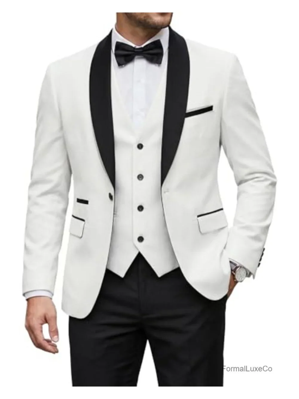 3-Piece Slim Fit Tuxedo Set Shawl Lapel Suit Blazer Vest Pants with Bow Tie for